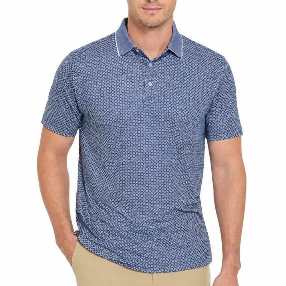 NWT Hickey Freeman Polo Golf Shirt Men's XL Blue Polyester Spandex Geometric